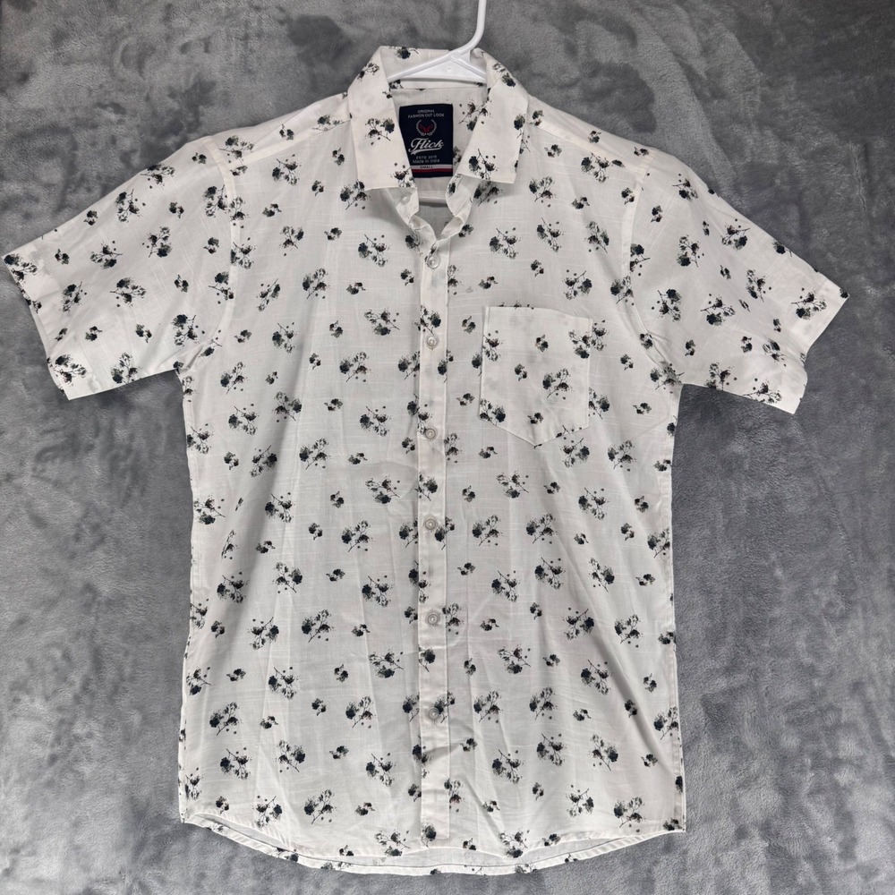 Flick Mens Short Sleeve Button Down Shirt White Floral Print Size Small - Picture 2 of 7